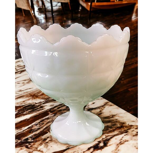 Milk Glass Napco 1185 Stars Block Quilt Pattern Pedestal Candy Dish Made In USA - Picture 1 of 10